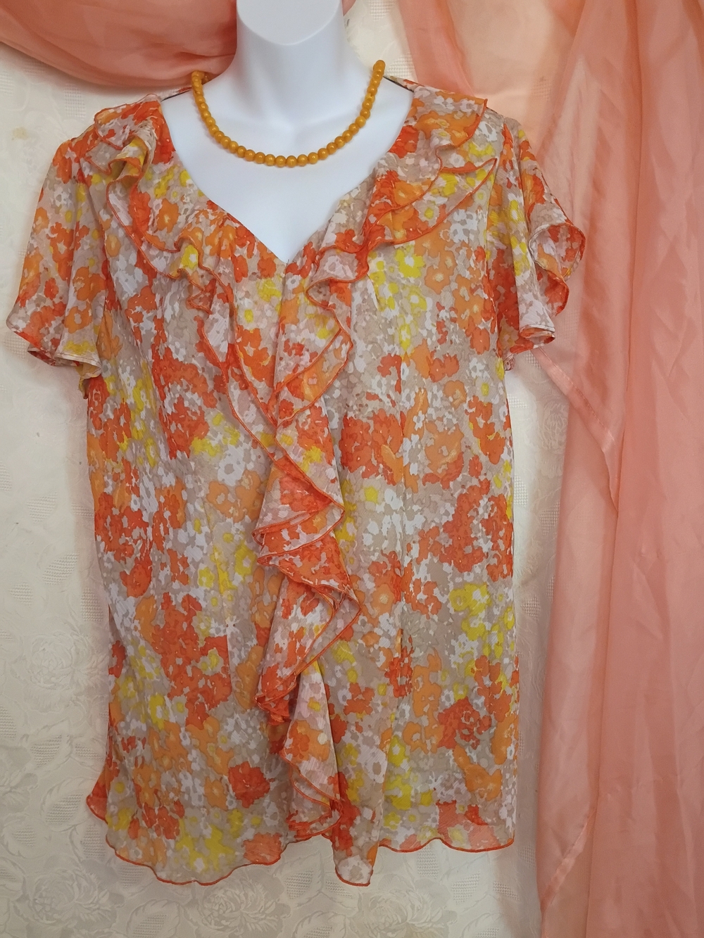 Cato Ladies Floral Ruffle V-Neck Blouse - Orange, Yellow, Cream Sz 2X